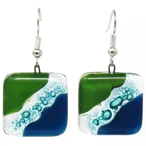 Square Glass Dangle Earrings Blue Green Waves Tili Glass