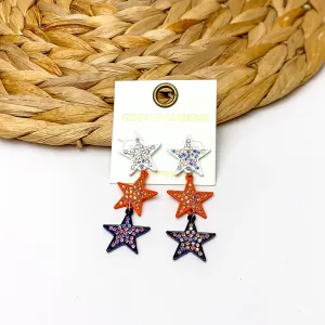 Star Shaped Three Tier Earrings With Clear Crystals in White, Orange, and Navy