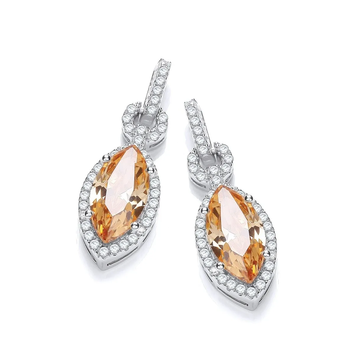 Sterling Silver Champagne Marquise CZ Halo Drop Earrings