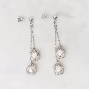 Sterling Silver Double Captured Pearl Drop Earrings