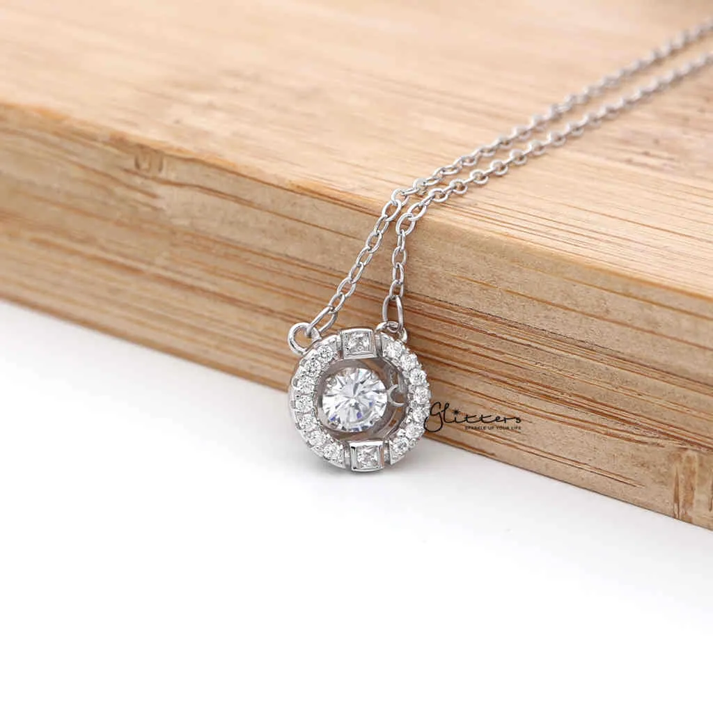 Sterling Silver Hollow CZ Paved Circle with a CZ Stone in The Middle Women's Necklace