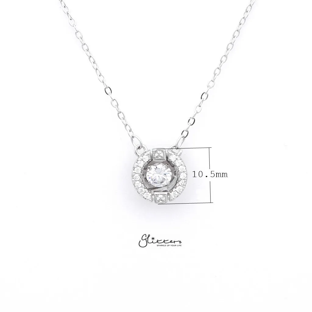 Sterling Silver Hollow CZ Paved Circle with a CZ Stone in The Middle Women's Necklace