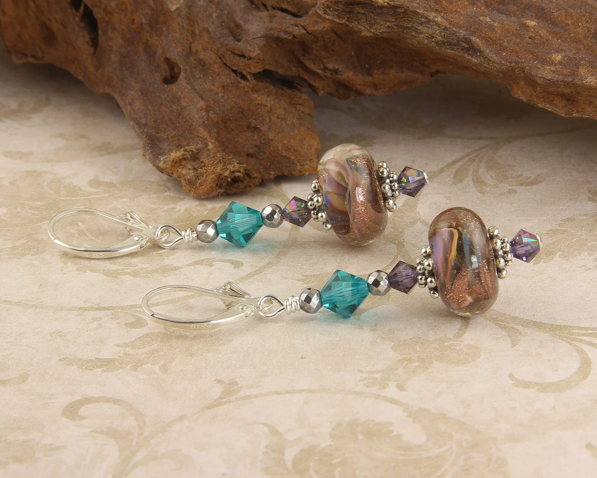 Teal Shimmering Goldstone Lampwork Earrings