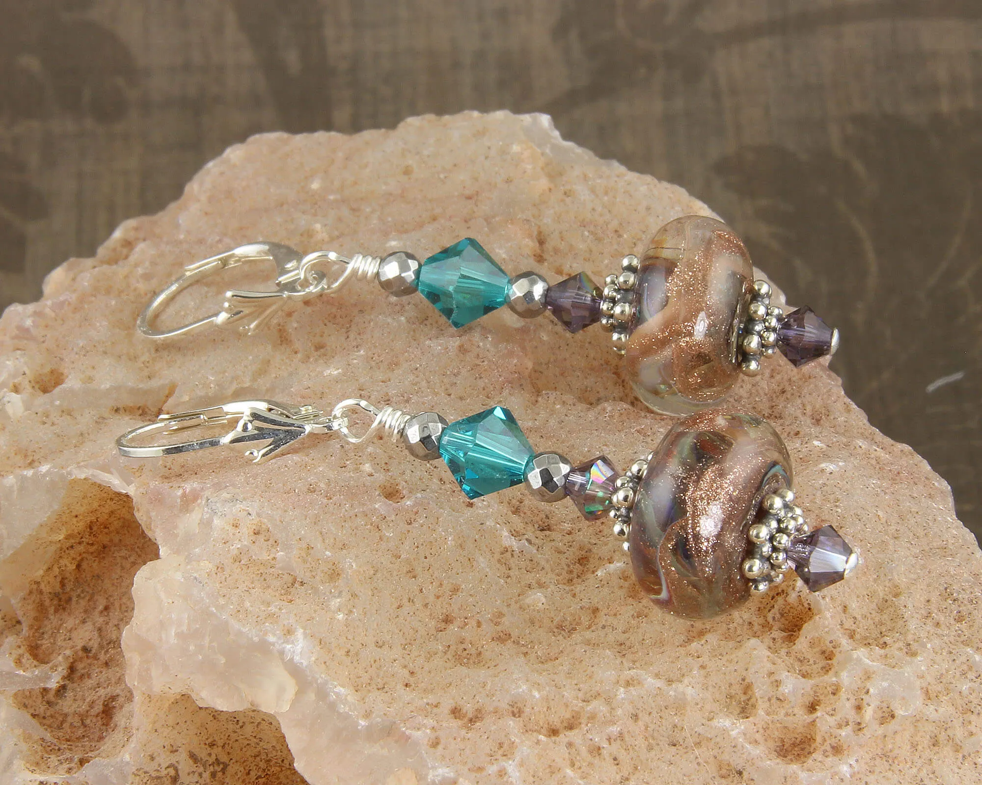 Teal Shimmering Goldstone Lampwork Earrings