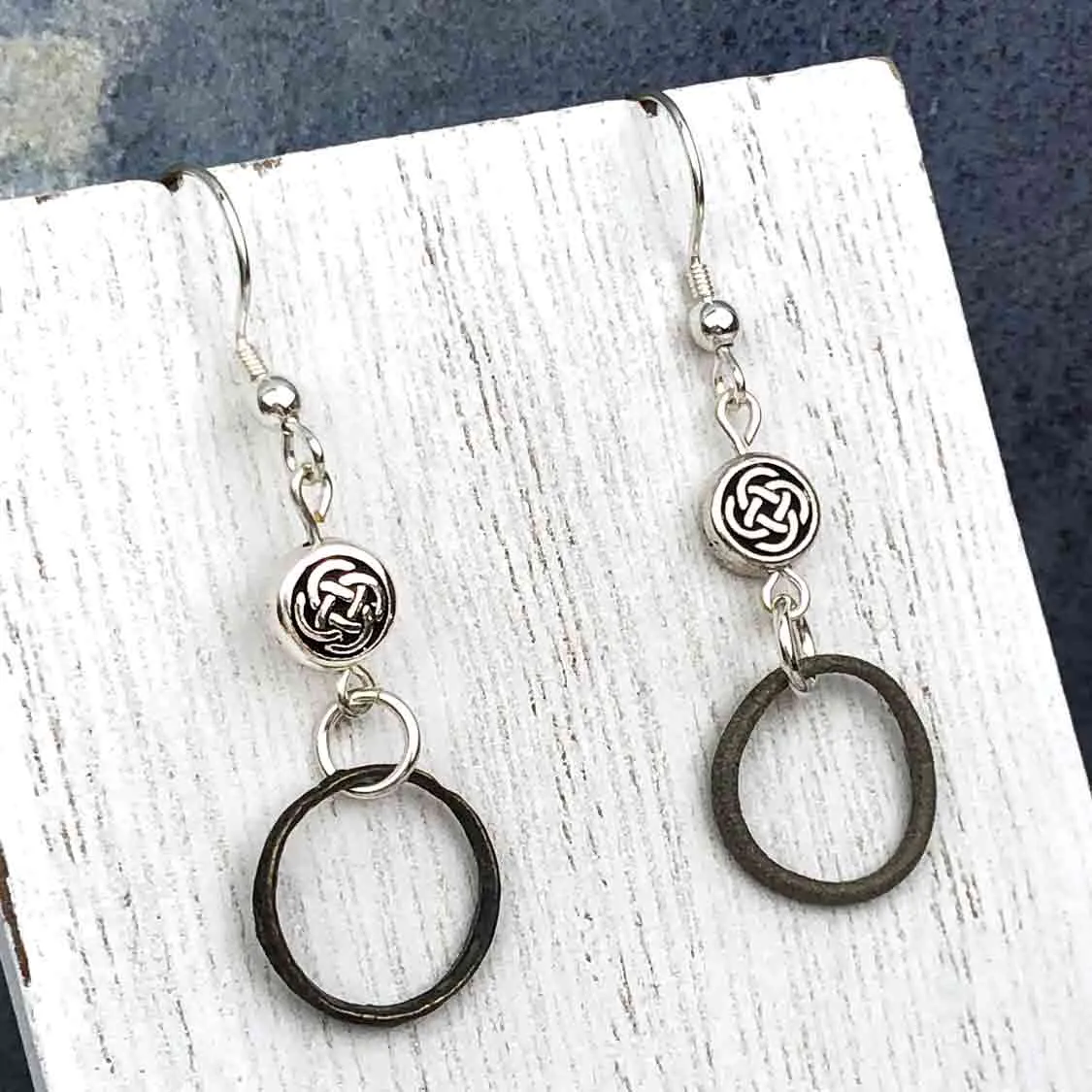 Tiny Deep Bronze Celtic Ring Money Earrings with Celtic Knot Charms | Artifact #6588