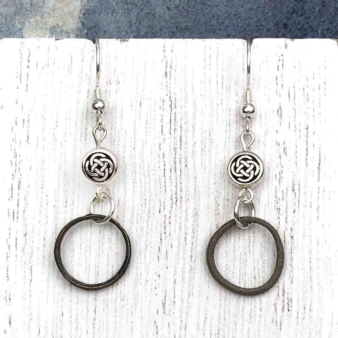 Tiny Deep Bronze Celtic Ring Money Earrings with Celtic Knot Charms | Artifact #6588