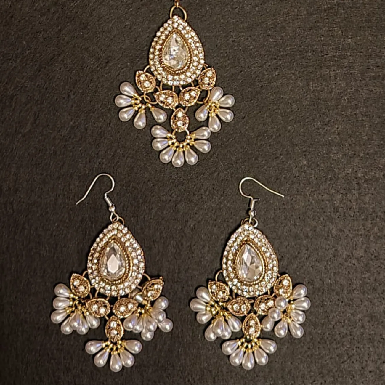 Traditional diamond cut stones and pearl  earrings, tikka set