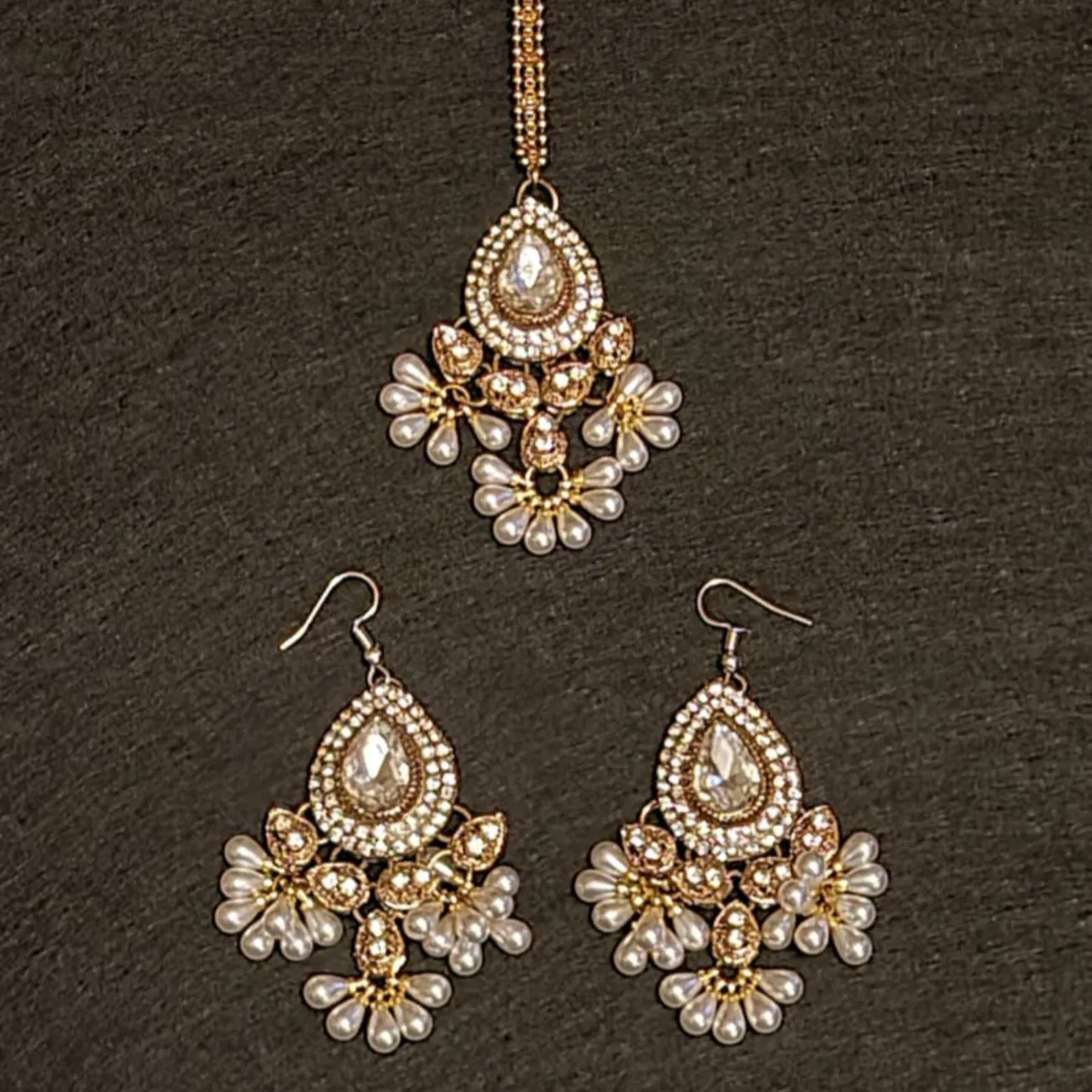 Traditional diamond cut stones and pearl  earrings, tikka set