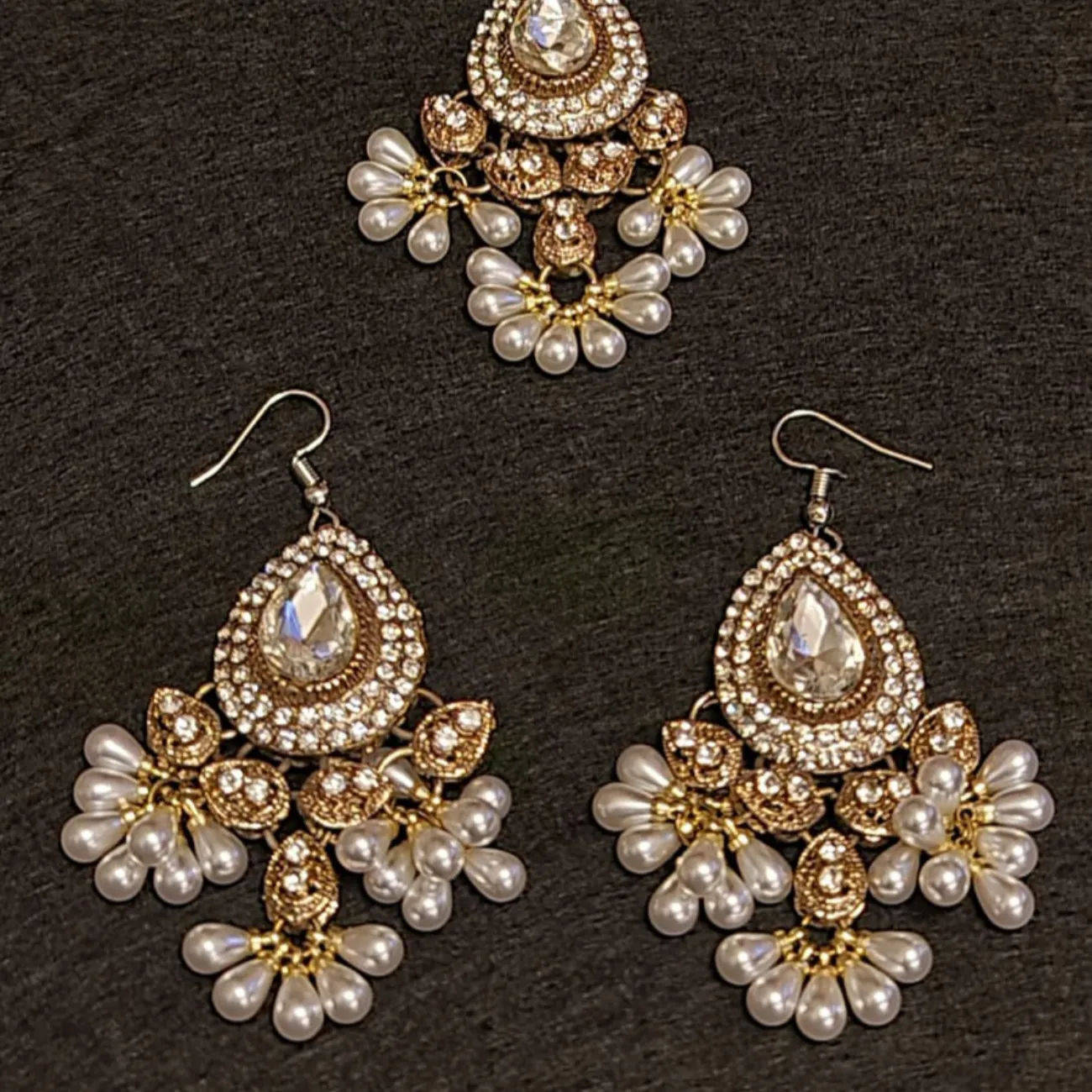 Traditional diamond cut stones and pearl  earrings, tikka set