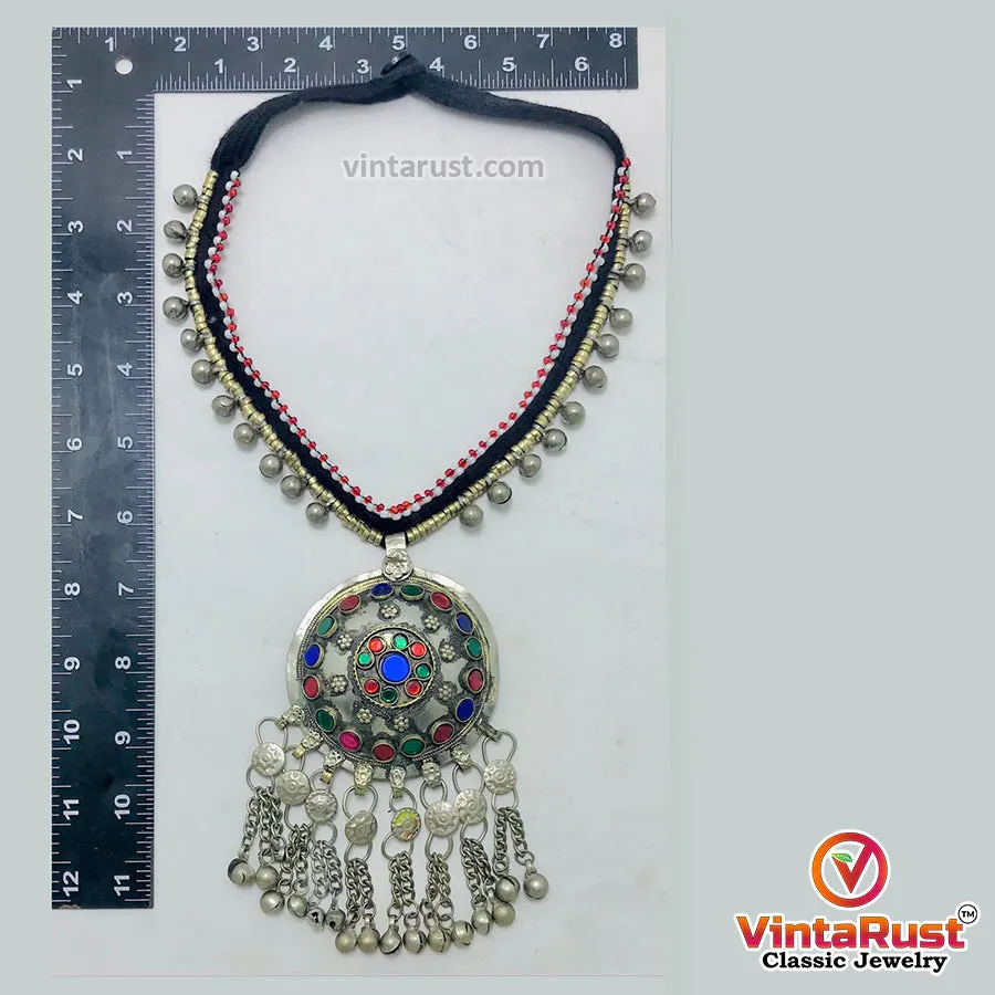 Tribal Pendant Necklace With Glass Stones and Bells