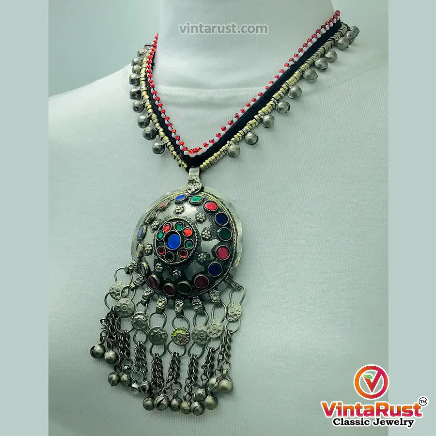 Tribal Pendant Necklace With Glass Stones and Bells