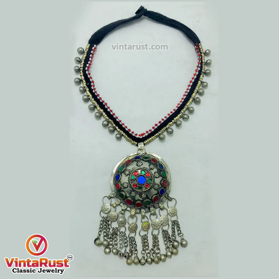 Tribal Pendant Necklace With Glass Stones and Bells