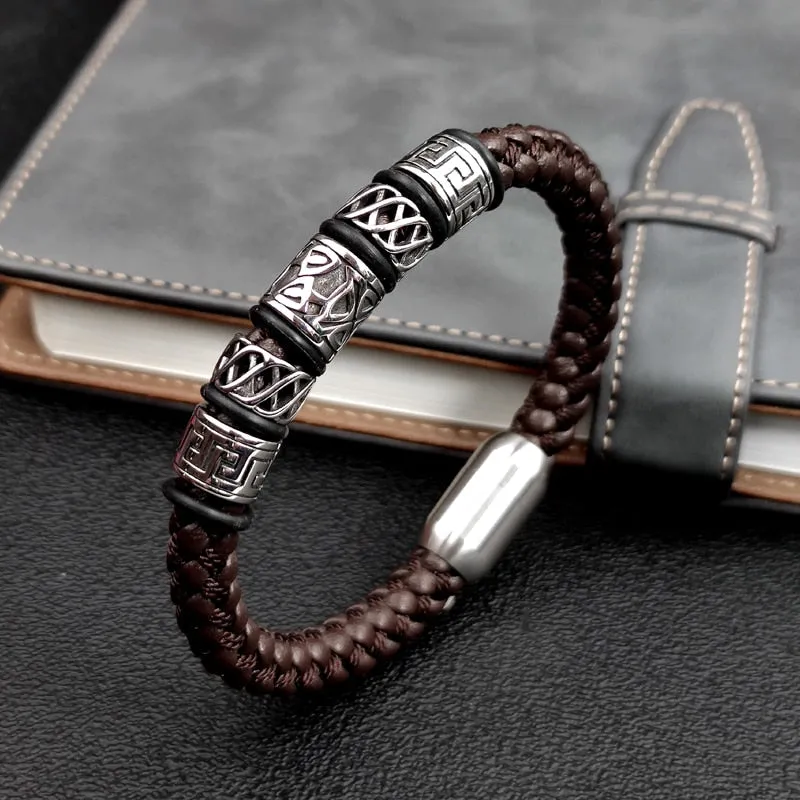 Tribal Viking Hardware Braided Leather Magnetic Bracelet