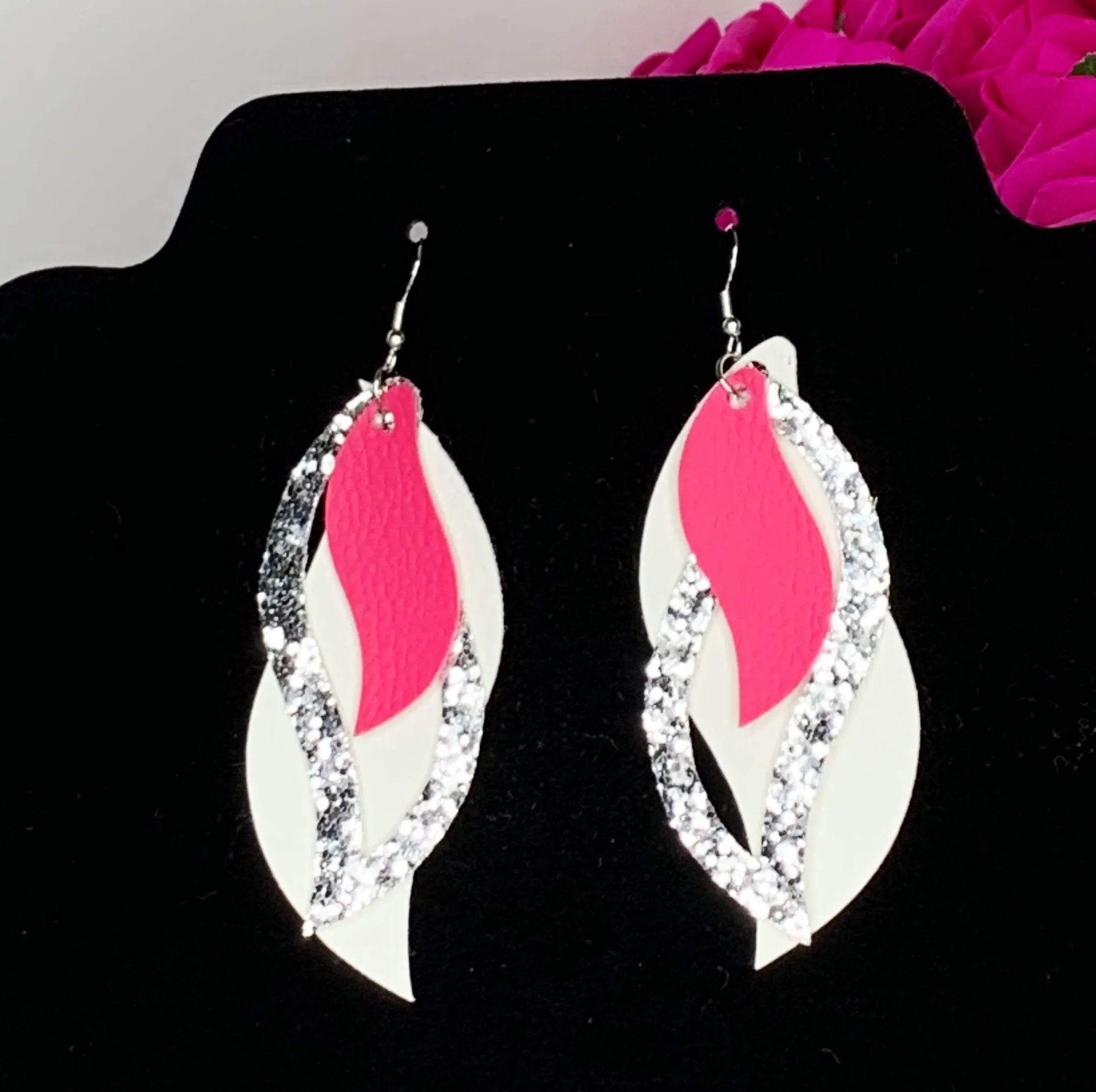 Triple Leaf Pink & White Earrings