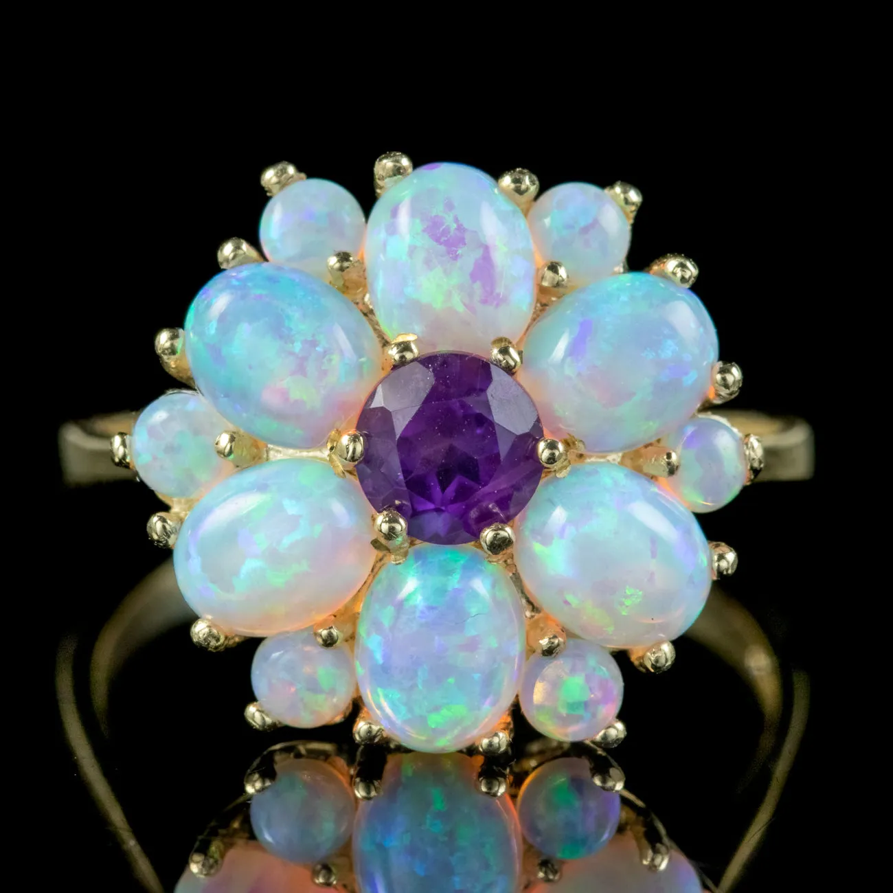 Victorian Style Amethyst Opal Flower Cluster Ring 9ct Gold