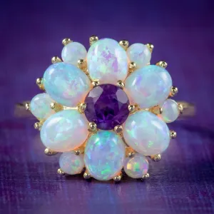 Victorian Style Amethyst Opal Flower Cluster Ring 9ct Gold