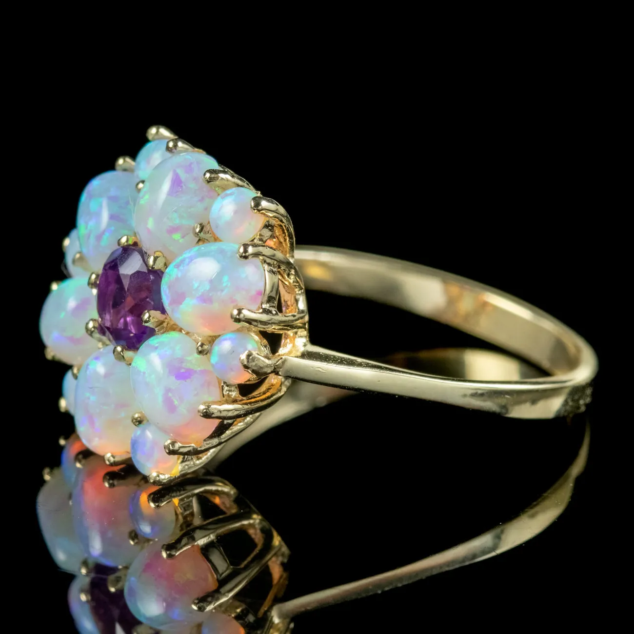 Victorian Style Amethyst Opal Flower Cluster Ring 9ct Gold