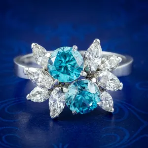 Vintage Blue Zircon Diamond Toi Et Moi Cluster Ring 1.4ct Zircon 1.2ct Diamond