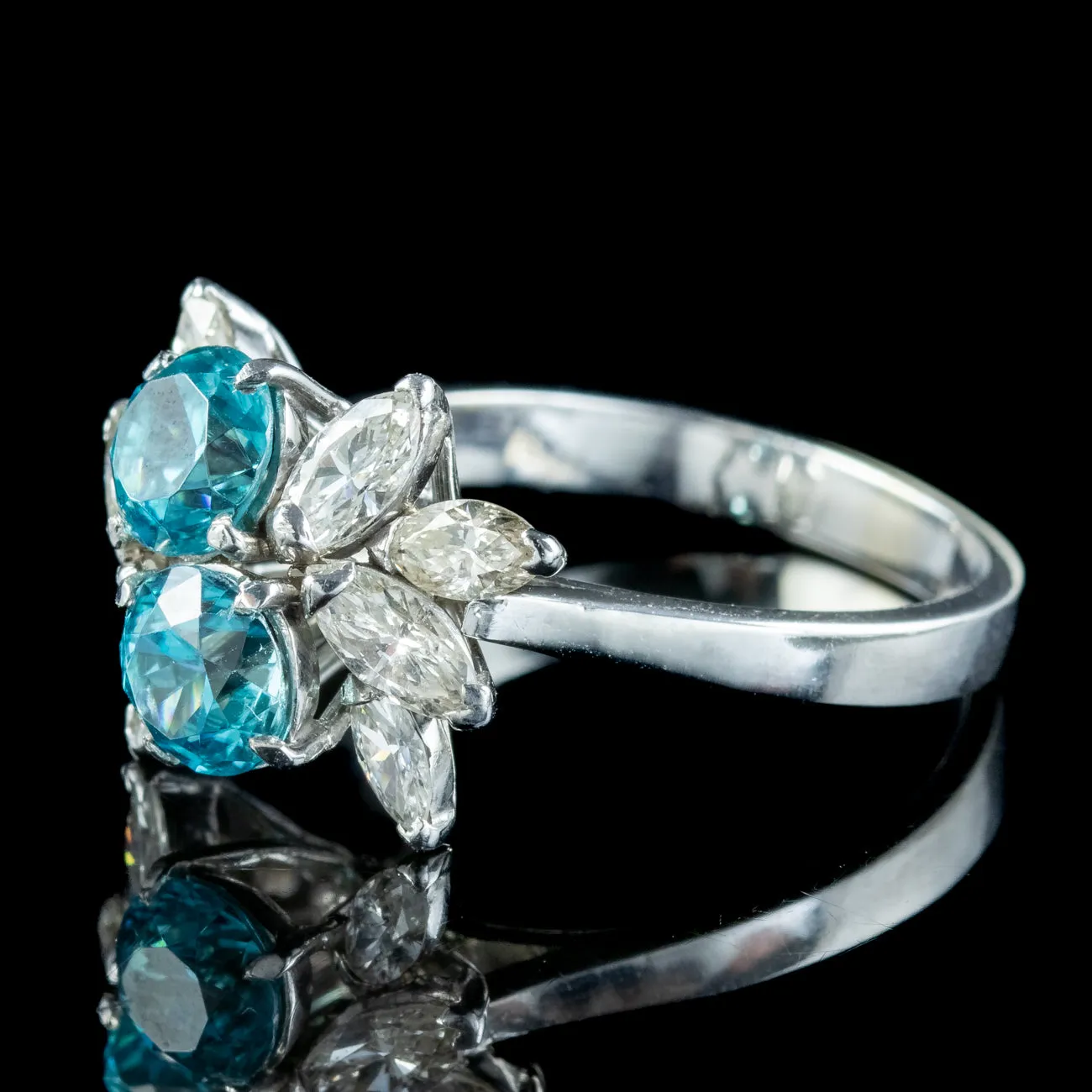 Vintage Blue Zircon Diamond Toi Et Moi Cluster Ring 1.4ct Zircon 1.2ct Diamond