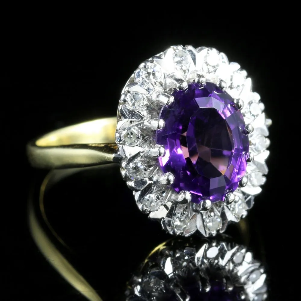 Vintage Diamond Amethyst Ring Dated 1983 London 18Ct Gold