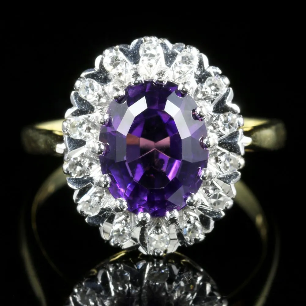 Vintage Diamond Amethyst Ring Dated 1983 London 18Ct Gold