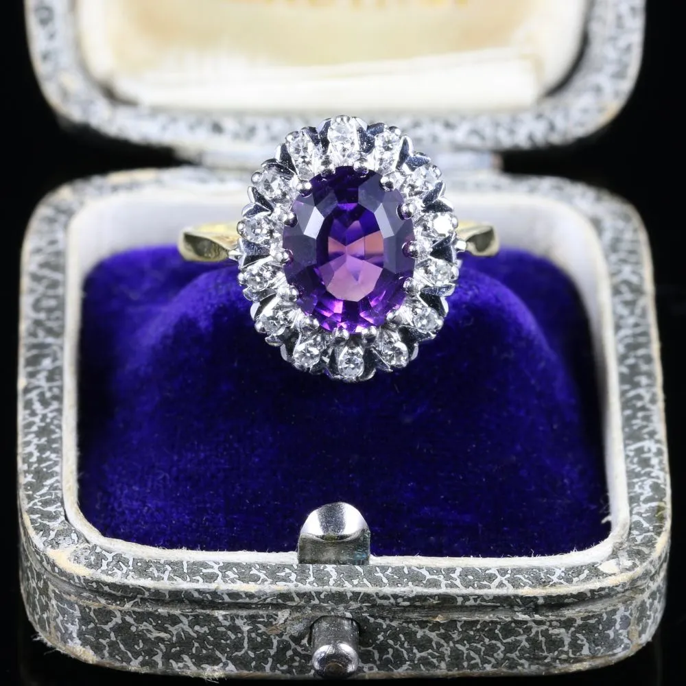 Vintage Diamond Amethyst Ring Dated 1983 London 18Ct Gold