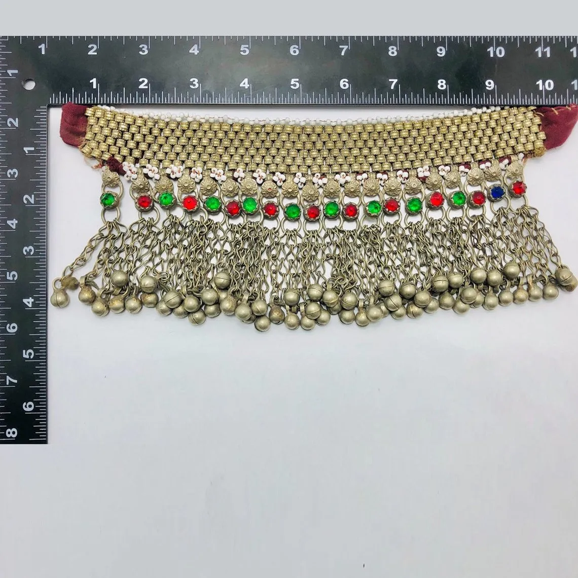 Vintage Red and Green Glass Stones Choker Necklace With Bells