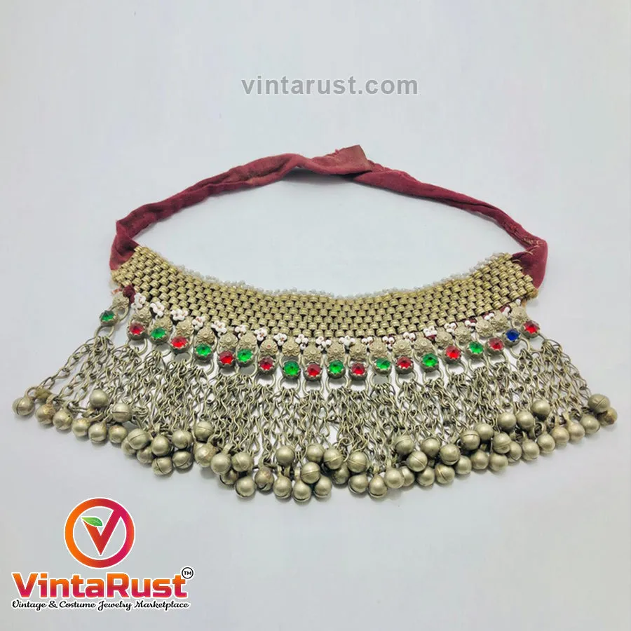 Vintage Red and Green Glass Stones Choker Necklace With Bells