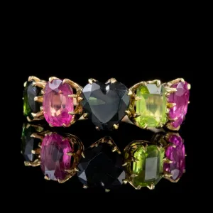 Vintage Tourmaline Five Stone Heart Ring 18Ct Gold