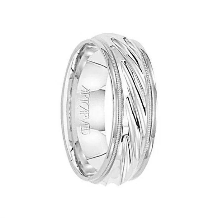 WONDEROUS 14k White Gold Wedding Band Flat Ridged Diagonal Center Design Milgrain Rolled Edges by Artcarved - 7mm