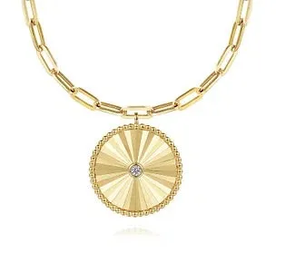 Yellow Gold Textured Medallion on a Hollow Chain